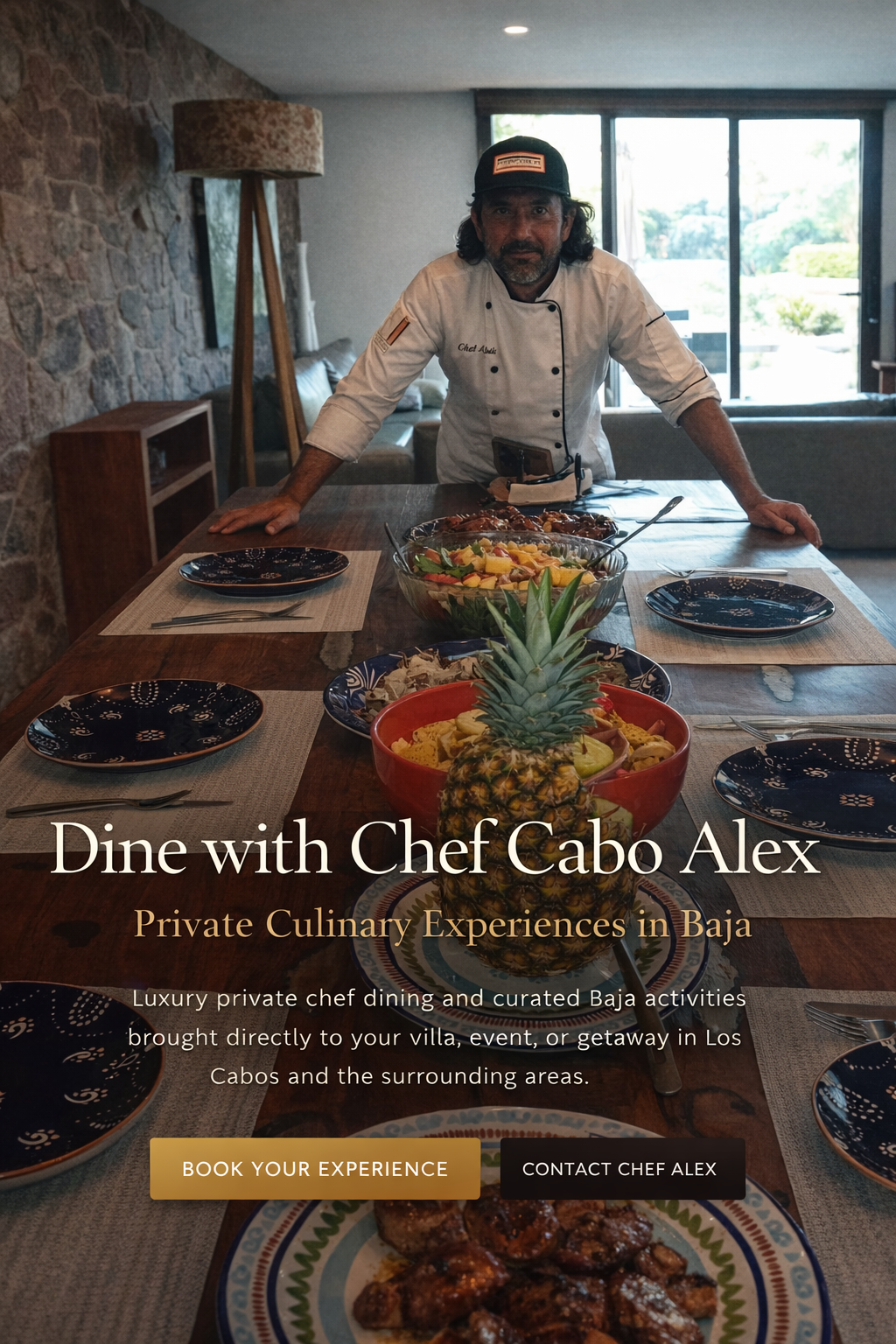 Chef Cabo Alex behind a beautifully set table at a private villa dinner